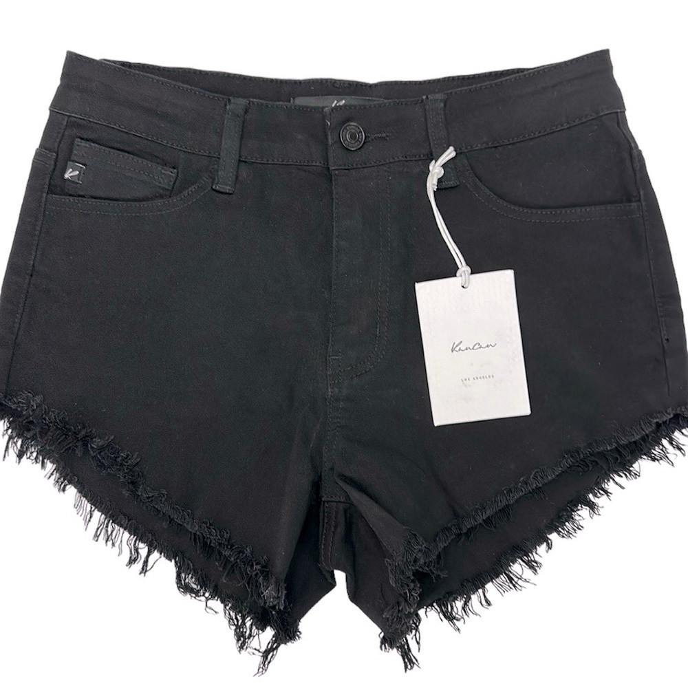 Kancan Black Mid Rise Denim Stretch Shorts W7 27 Frayed Raw‎ Distressed H…